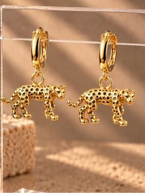 Gold Panther Drop Hoop Earrings